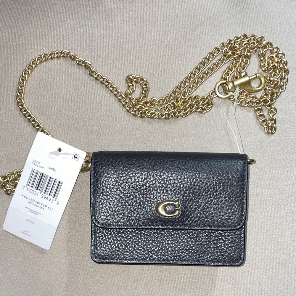 Coach Black Pebbled Leather Mini Crossbody with Gold Chain